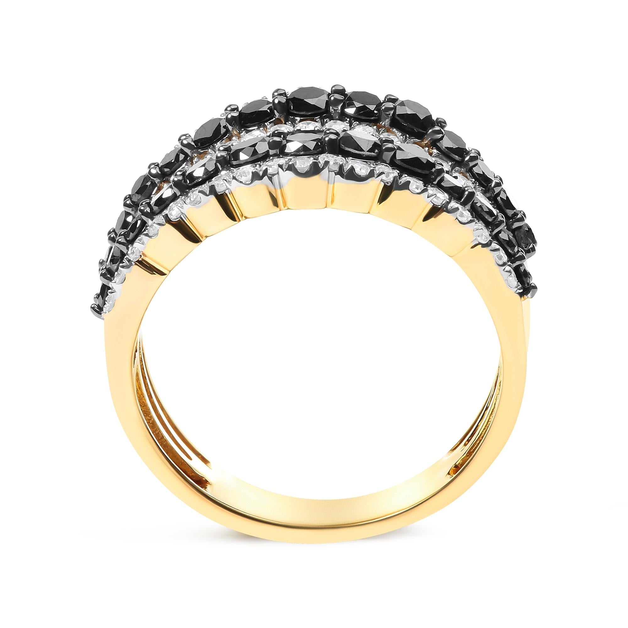 14K Yellow Gold Plated .925 Sterling Silver 1 3/4 Cttw Treated Black and White Alternating Diamond Multi Row Band Ring (Black / I-J Color, I2-I3 Clarity) (Copy)