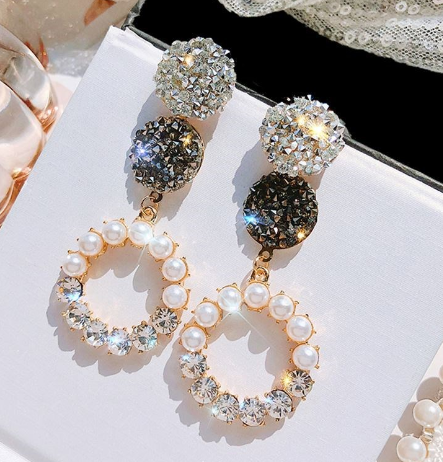 Round Earrings, Long Earrings, Rhinestone Pearl Earrings (Copy)
