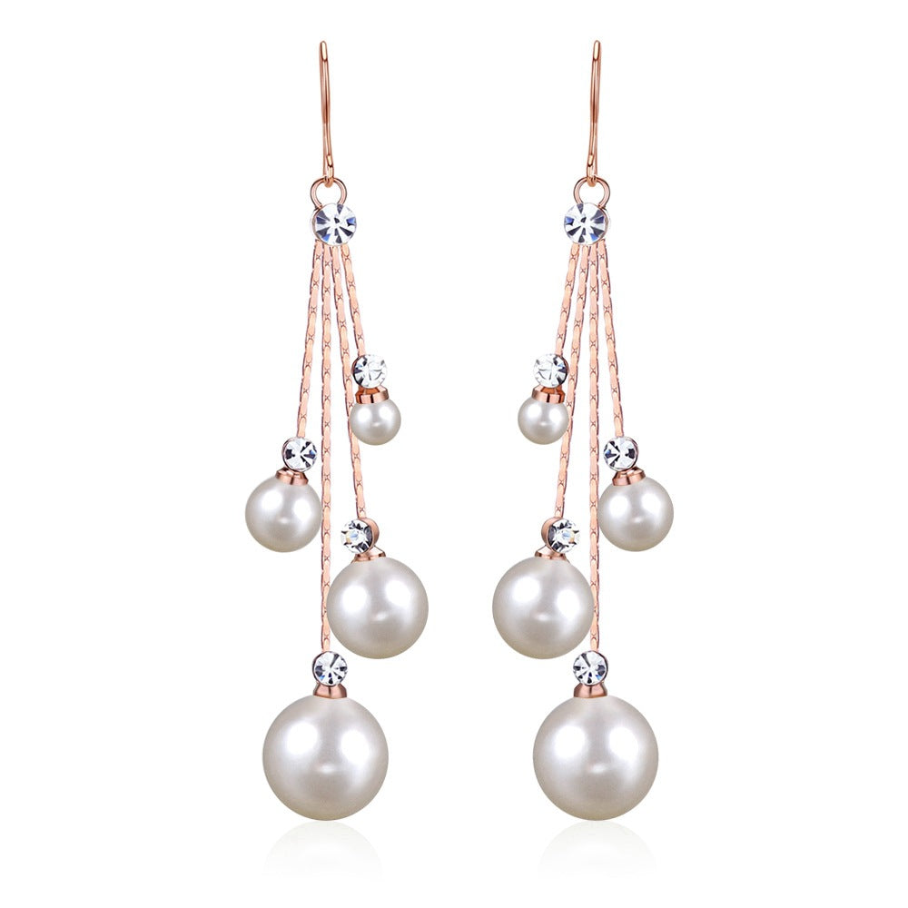 Vintage Style Long Pearl Earrings with Rhinestone Hooks