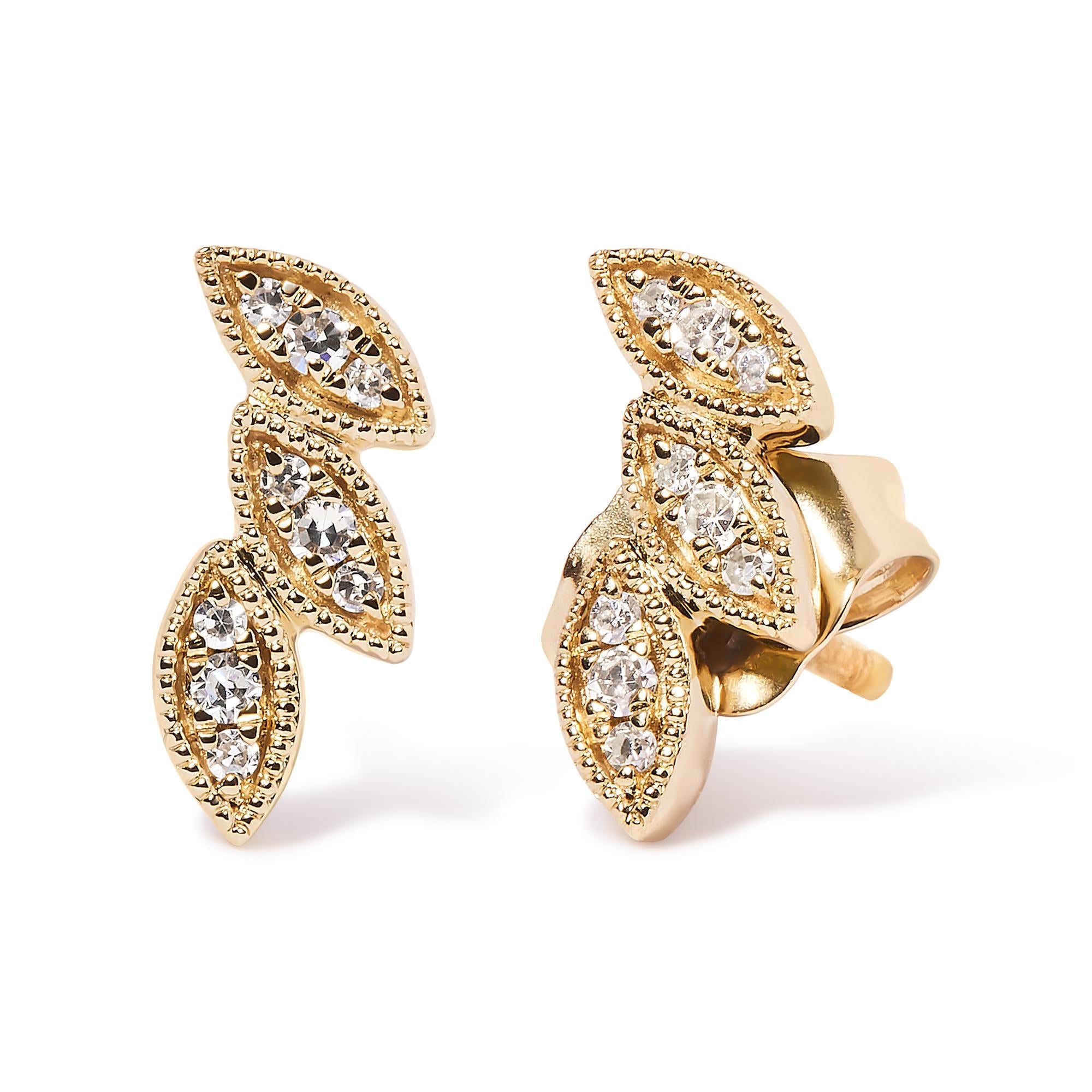 10K Yellow Gold 1/10 Cttw Diamond Triple Leaf Stud Earring (H-I Color, I1-I2 Clarity) (Copy)