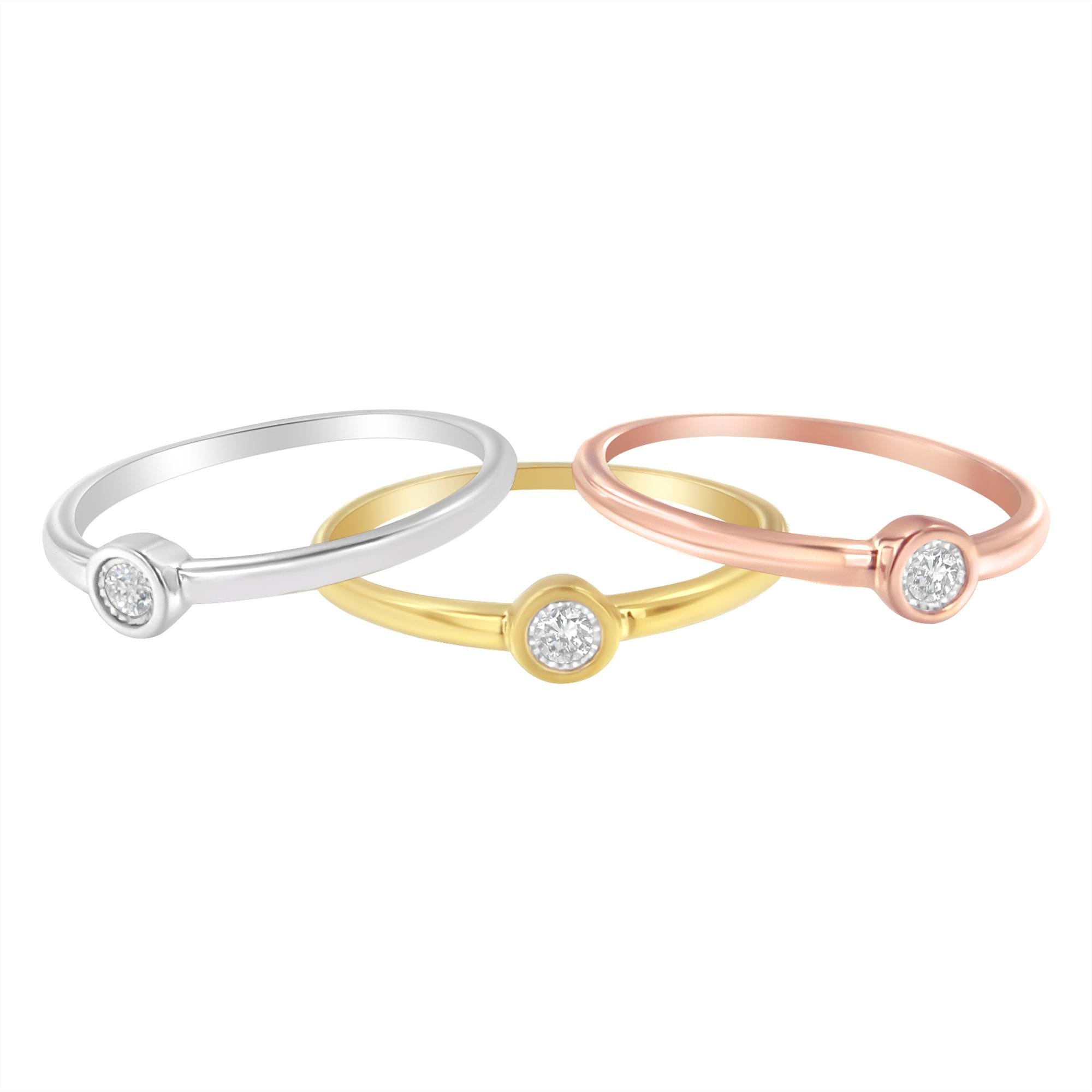 Tri-Color 14K Gold Plated .925 Sterling Silver 1/6 Cttw Round Miracle-Set Diamond Stacking Promise Ring Set (J-K Color, I1-I2 Clarity) (Copy)