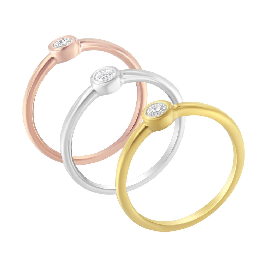 Tri-Color 14K Gold Plated .925 Sterling Silver 1/6 Cttw Round Miracle-Set Diamond Stacking Promise Ring Set (J-K Color, I1-I2 Clarity) (Copy)