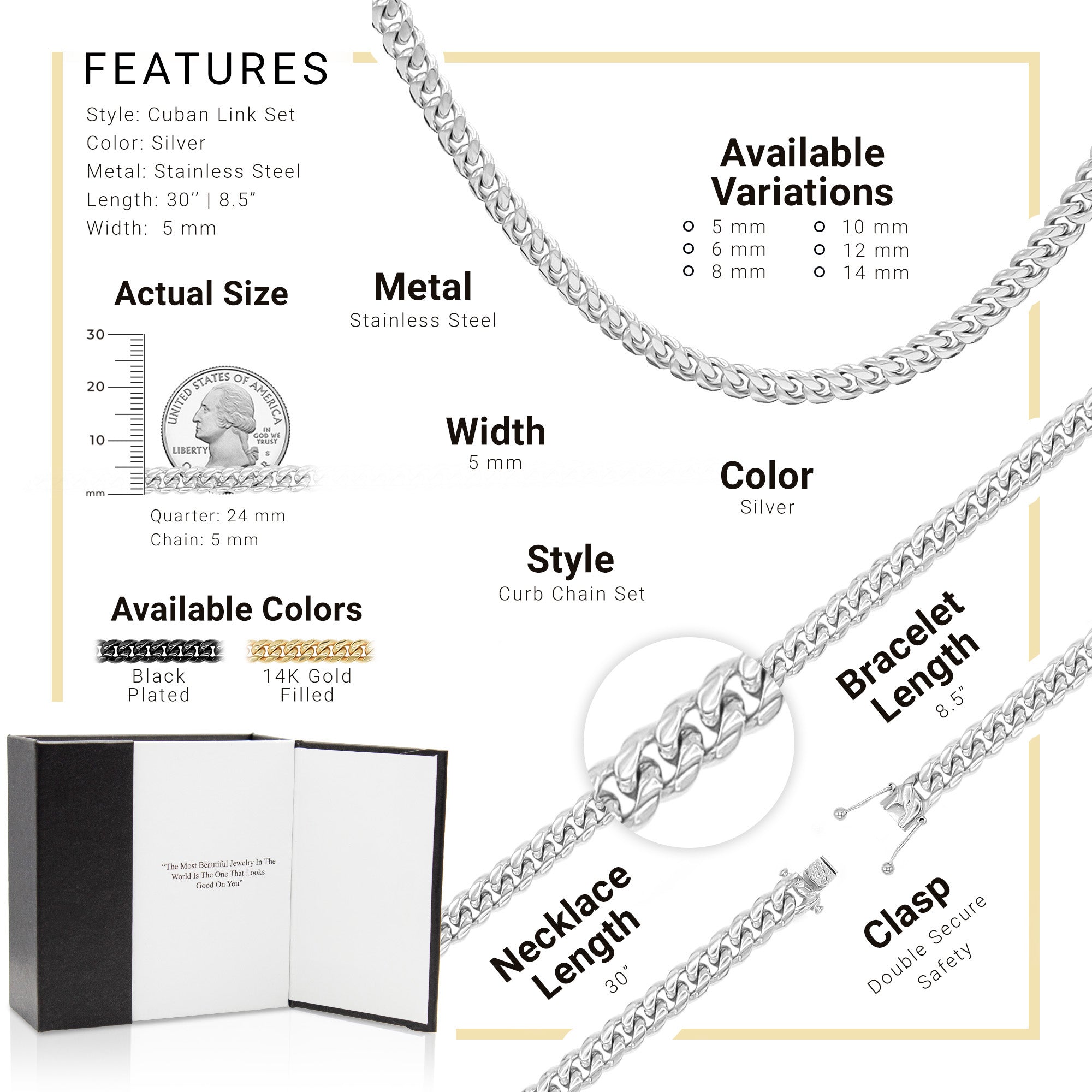 Silver Cuban Link Chain Necklace 30" Bracelet 8.5" Stainless Steel Set For Men