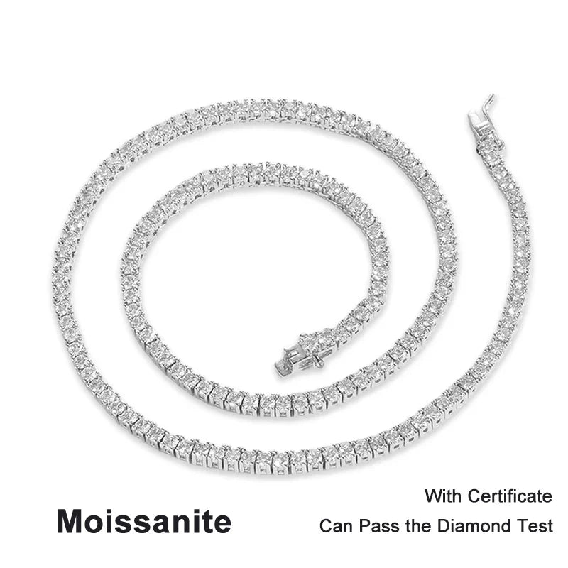 NeeTim 3/4/5mm Moissanite Tennis Necklace for Women Man S925 Silver with 18k Gold Plated Neck Chains Trendy Hiphop Party Jewelry