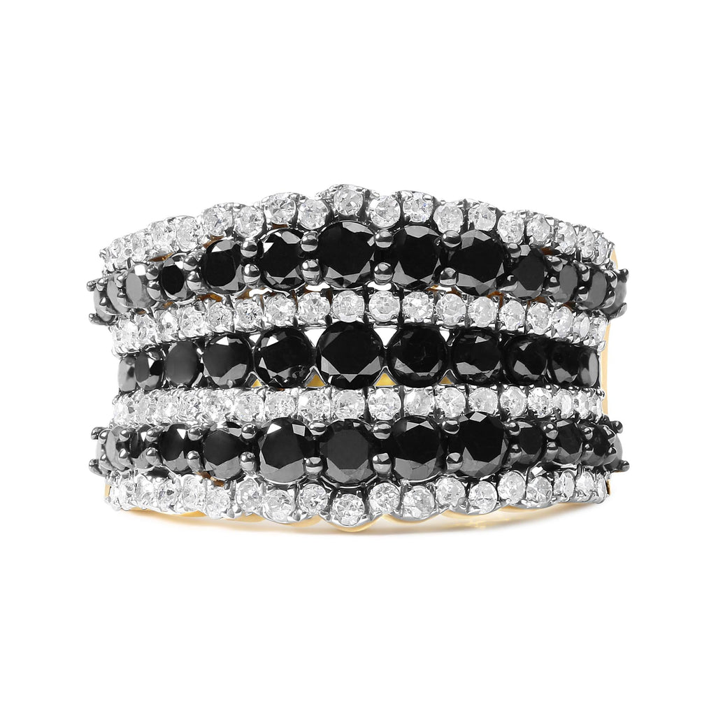 14K Yellow Gold Plated .925 Sterling Silver 1 3/4 Cttw Treated Black and White Alternating Diamond Multi Row Band Ring (Black / I-J Color, I2-I3 Clarity) (Copy)