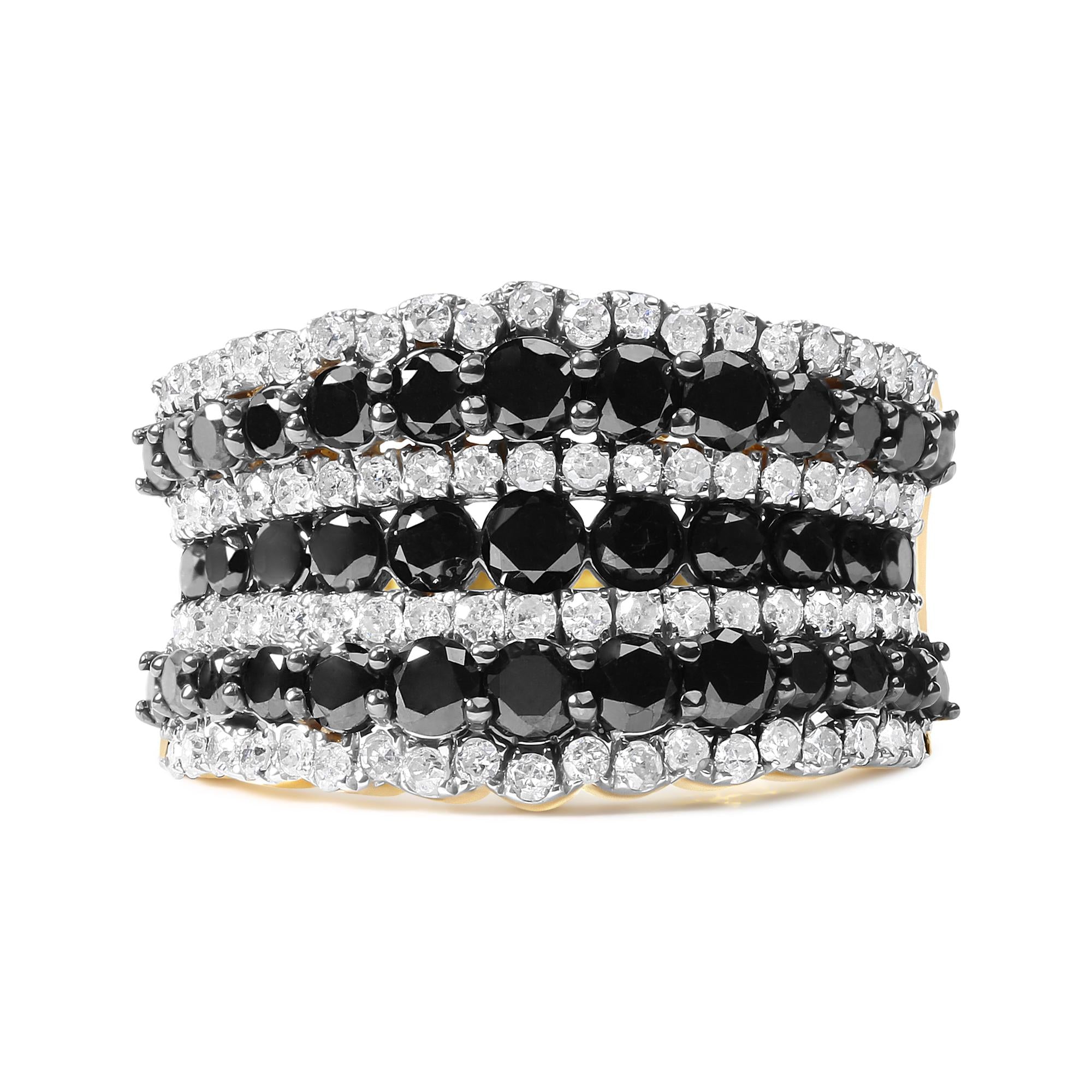 14K Yellow Gold Plated .925 Sterling Silver 1 3/4 Cttw Treated Black and White Alternating Diamond Multi Row Band Ring (Black / I-J Color, I2-I3 Clarity) (Copy)
