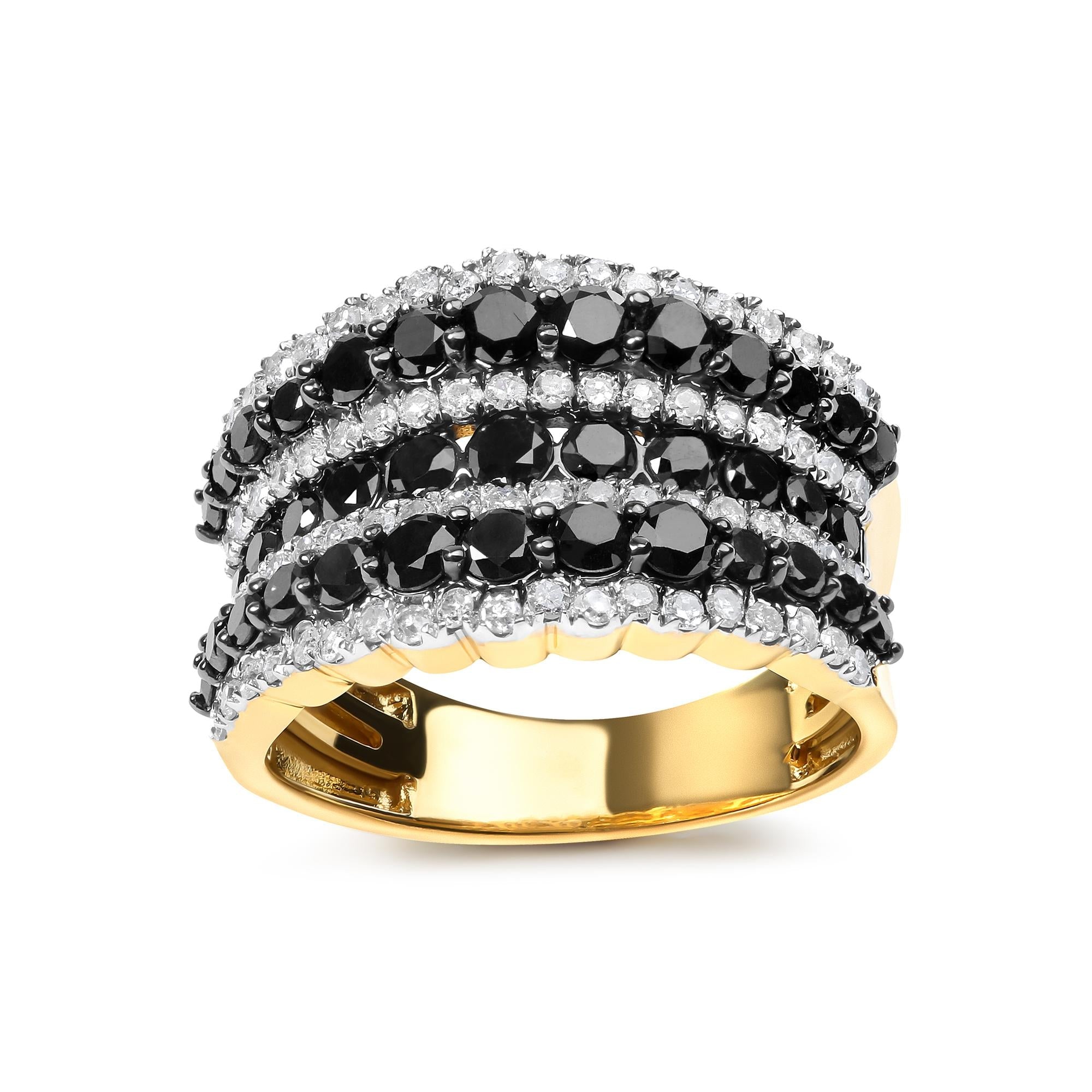 14K Yellow Gold Plated .925 Sterling Silver 1 3/4 Cttw Treated Black and White Alternating Diamond Multi Row Band Ring (Black / I-J Color, I2-I3 Clarity) (Copy)