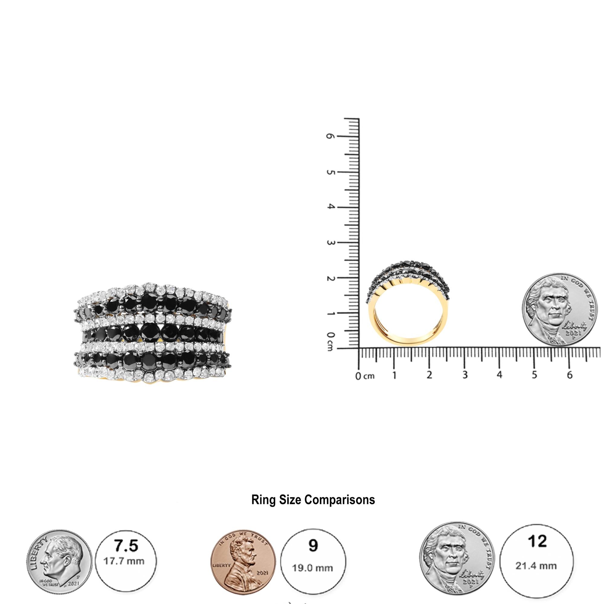 14K Yellow Gold Plated .925 Sterling Silver 1 3/4 Cttw Treated Black and White Alternating Diamond Multi Row Band Ring (Black / I-J Color, I2-I3 Clarity) (Copy)