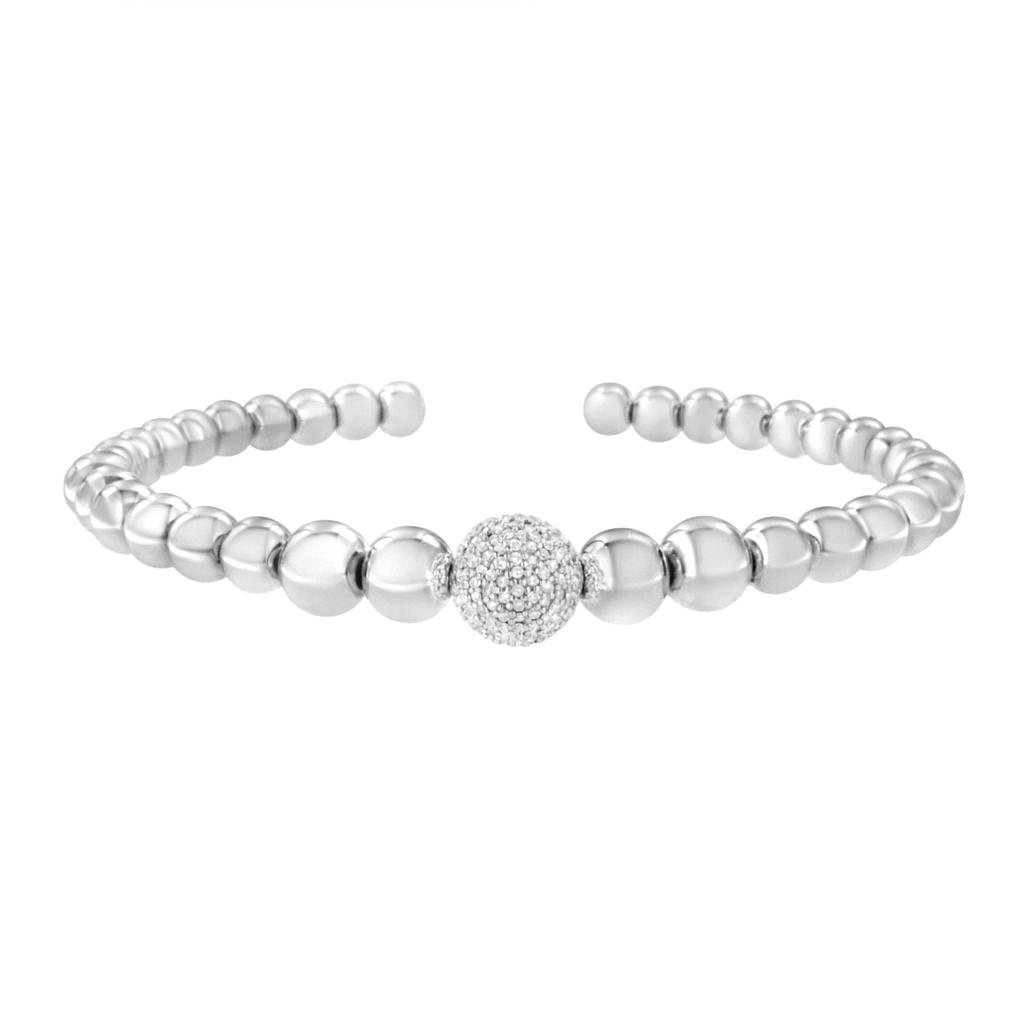 .925 Sterling Silver 1/6 Cttw Diamond Rondelle Graduated Ball Bead Cuff Bangle Bracelet (I-J color, I2-I3 clarity) - Fits wrists up to 7 1/2 inches (Copy)