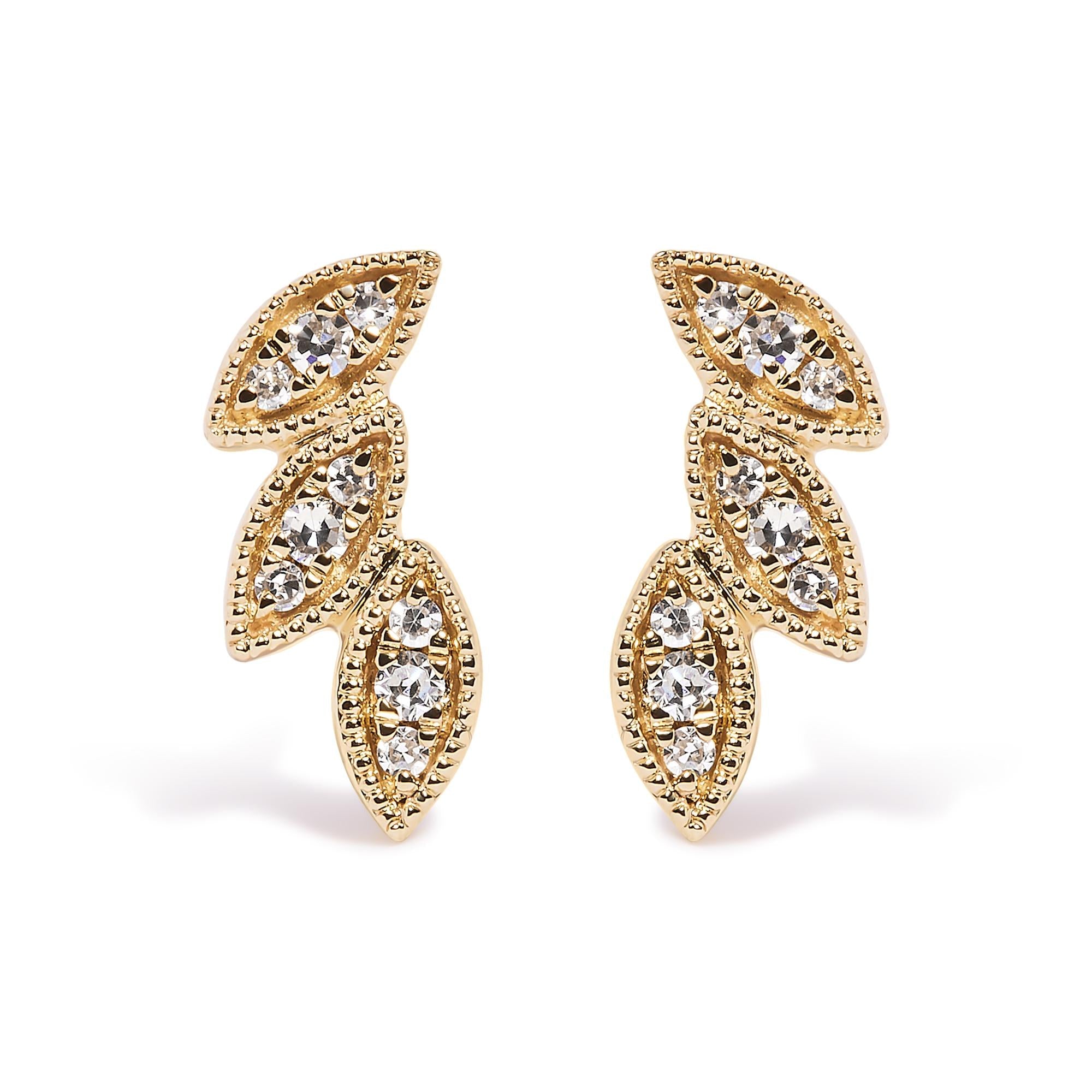 10K Yellow Gold 1/10 Cttw Diamond Triple Leaf Stud Earring (H-I Color, I1-I2 Clarity) (Copy)