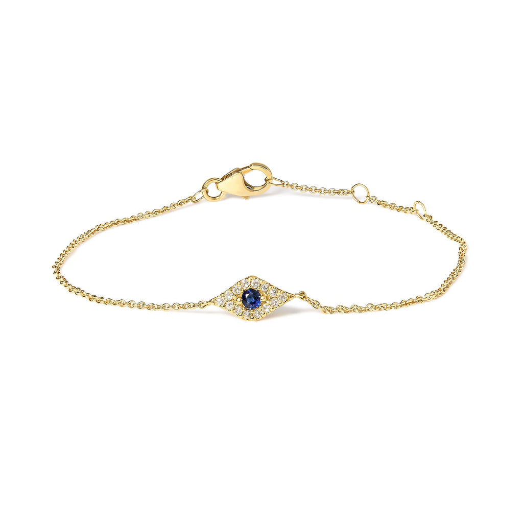 10K Yellow Gold Blue Sapphire and Diamond Accent Evil Eye Station Link Bracelet  (H-I Color, I1-I2 Clarity) - Size 7"
