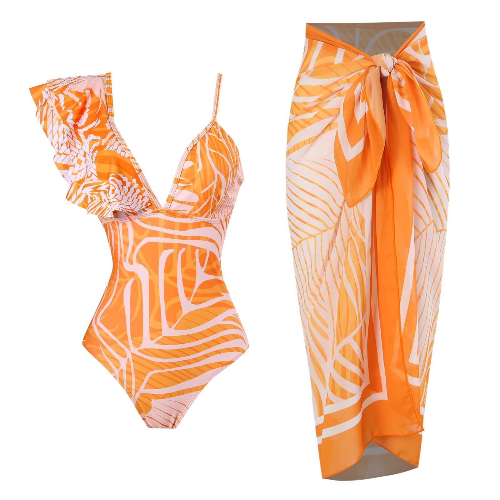 IDOPIP Womens One Piece Swimsuit with Cover up Beach Skirt Leopard Floral Printed Swimsuit Bathing Suit Ruffle V-Neck Monokini Swimwear Sarong Coverups Two Piece Bikini Set Beachwear Yellow Ruffle L